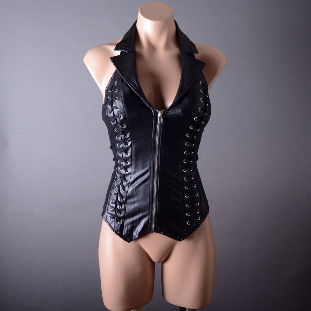 Black Collar Wet Look Steampunk Halter Gothic Punk Biker Pleather Zip Vest Top